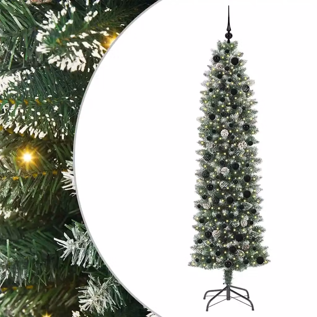 Albero di Natale Artificiale Sottile Moderno vidaXL Verde e Bianco con Luci LED Bianco Caldo – 2