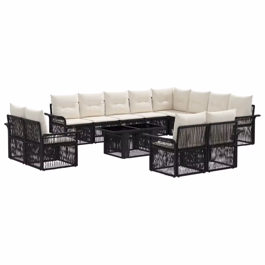 Set Divano da Giardino a Forma di U vidaXL in Polyrattan con Tavolino e Cuscini, Nero e Bianco Crema – 2