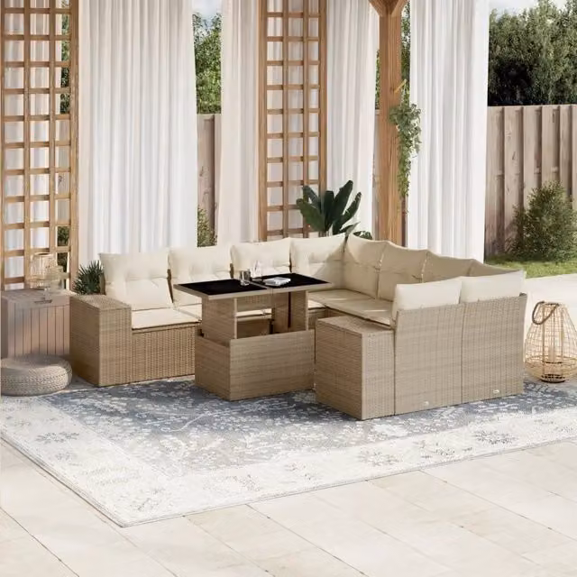 Set Divano da Giardino 9 Pezzi vidaXL con Cuscini Beige e Tavolino in Polyrattan e Metallo – 1