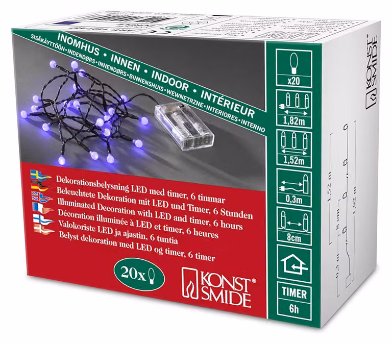 Catena luminosa a LED, 20 diodi viola, con timer, alimentata a batteria