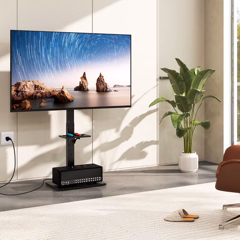Supporto TV universale da pavimento Costway con ripiano regolabile e presa di corrente, colore nero