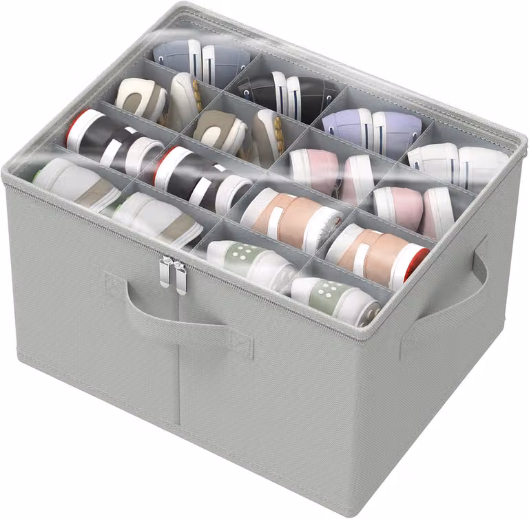 Scatola per scarpe, dimensioni 53 x 42 x 33 cm, capacità per 16 paia di scarpe, con coperchio trasparente, colore grigio, ideale per la conservazione