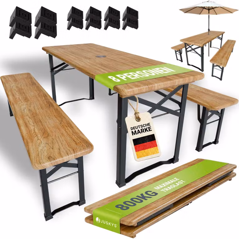 Set tenda da birra Juskys Bichl 3 pezzi pieghevole - tavolo da birra + 2 panche da birra - legno