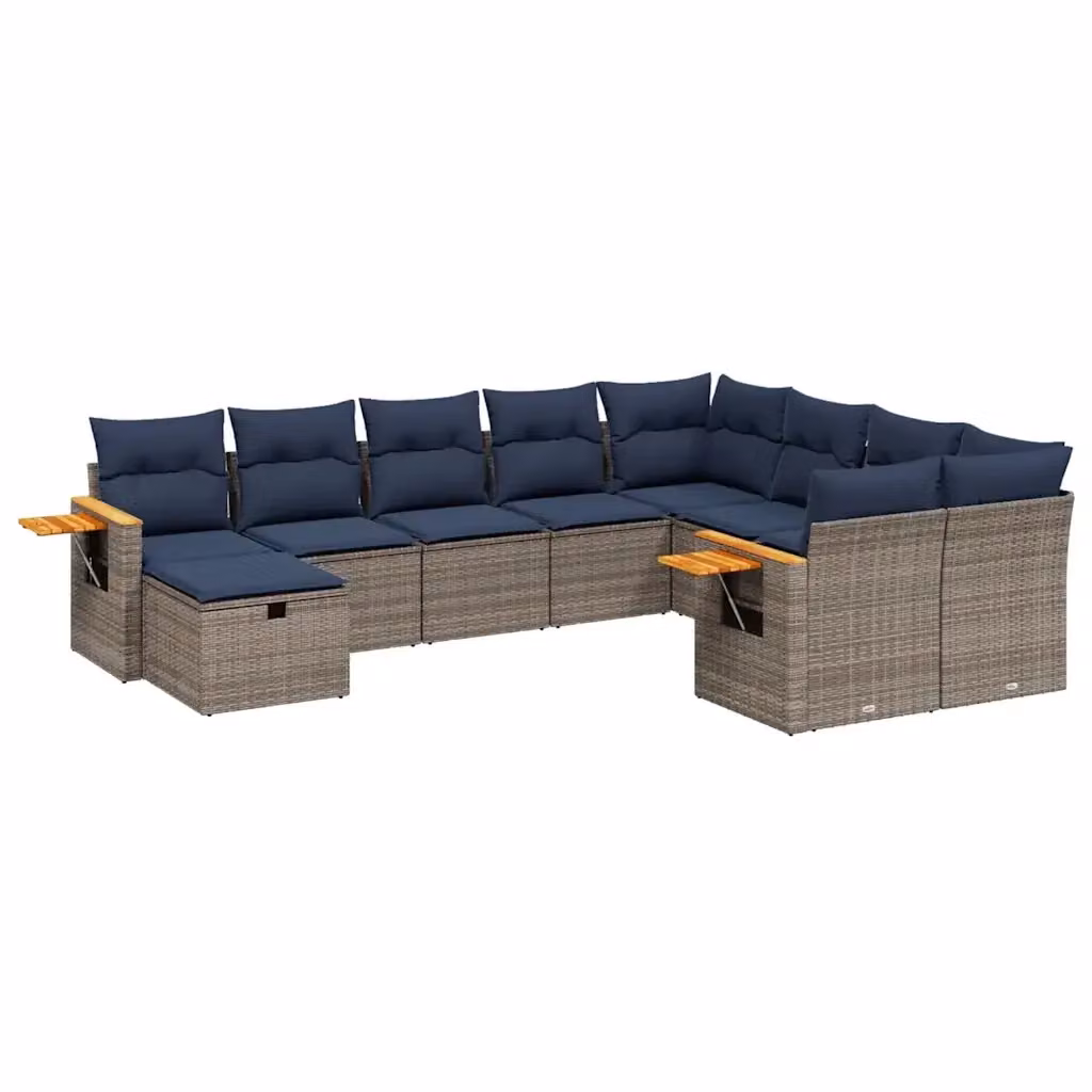 Set di divani da giardino vidaXL 10 pezzi in polyrattan con cuscini grigi e blu per esterno – 2
