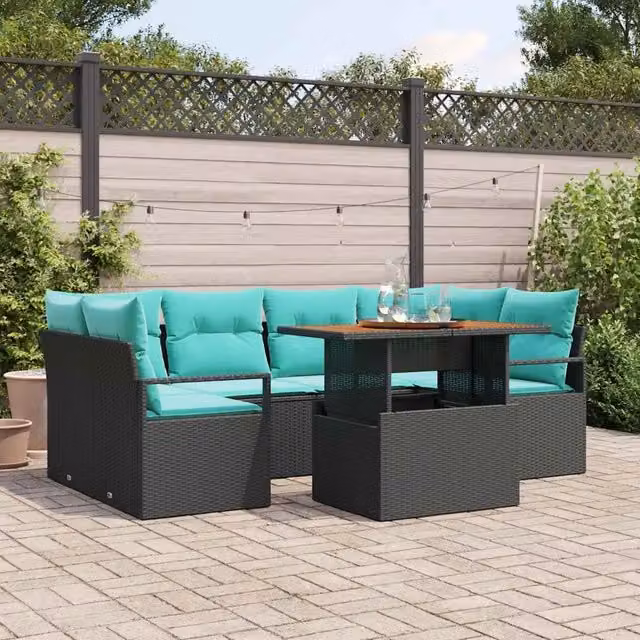 Set Divano da Giardino 7 pz 6-Numero di posti Nero e blu 3349668
