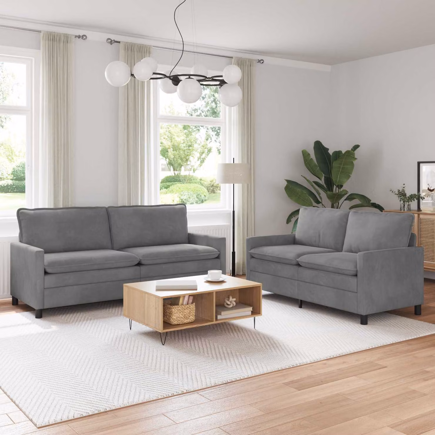Set di 2 divani moderni vidaXL in velluto grigio scuro con struttura in metallo e cuscini inclusi