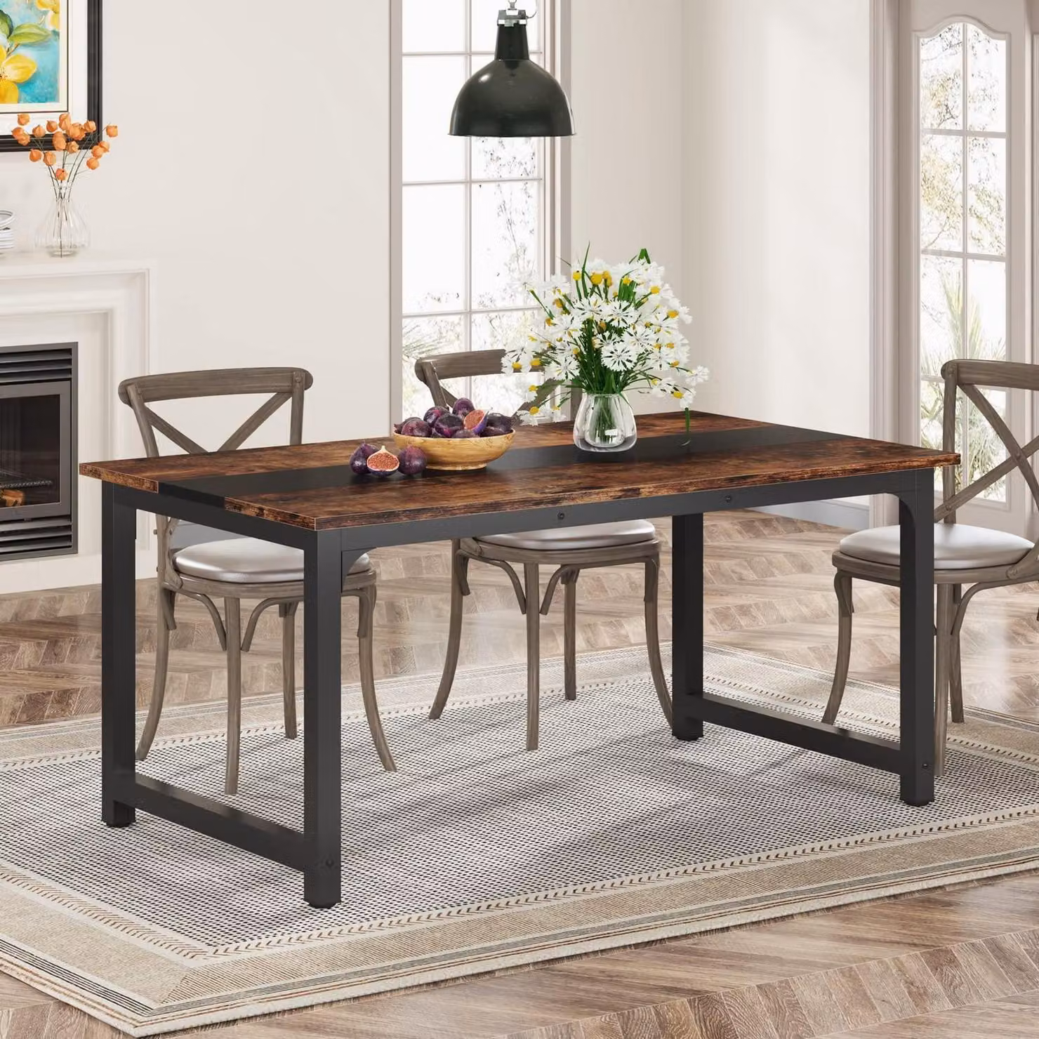 Tavolo da pranzo rettangolare, stile industriale, per 4-6 persone, dimensioni 160x80 cm, colore marrone rustico, gambe in metallo