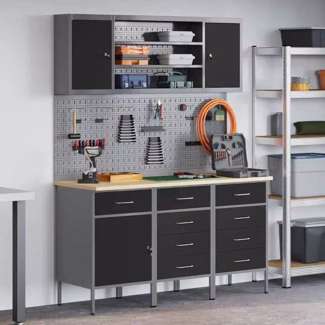 Mobile da lavoro vidaXL con cassetto 7 pz in acciaio e legno Nero e Grigio – 1