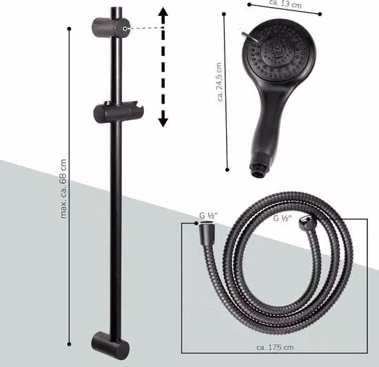 Set doccia, acciaio inossidabile, tubo flessibile da 1,75 m, asta da 71,5 cm, nero