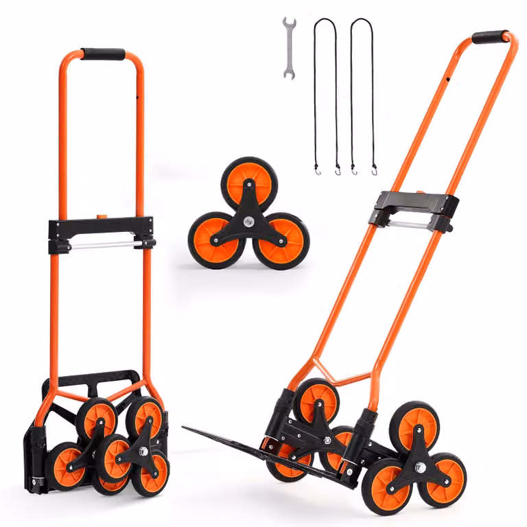 Carrello pieghevole per scale SucceBuy con portata di 54 kg, saliscale con manico telescopico, 6 ruote e 2 cinghie di fissaggio, versatile per l'uso domestico, la spesa e le operazioni di magazzino