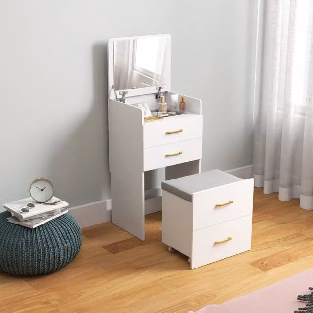 Toeletta 3 in 1 Mivray con specchio richiudibile, comodino e sgabello con ruote in legno bianco L/P/H: 48 x 40 x 90 cm