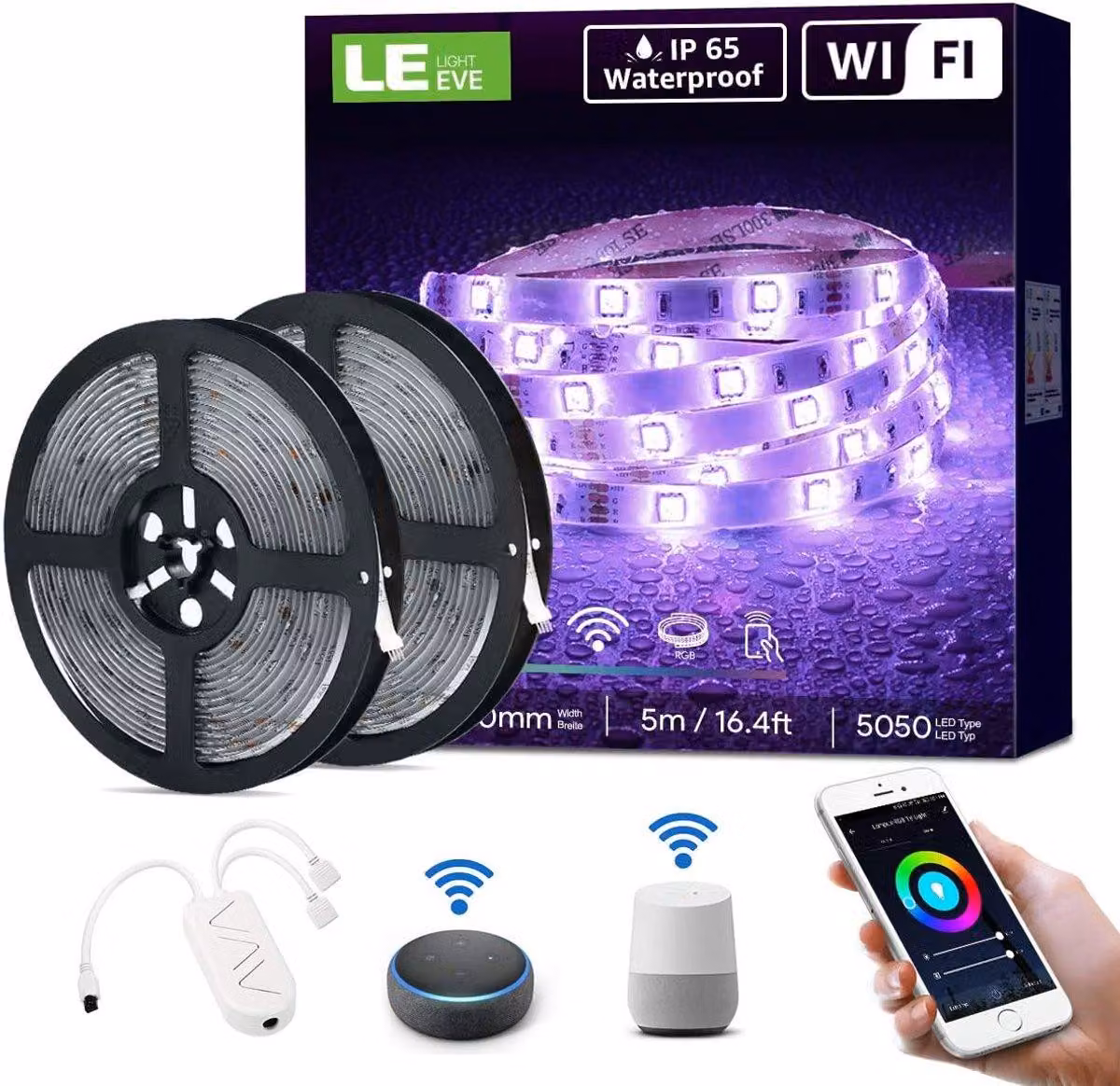 Striscia LED intelligente da 10 metri - Nastro luminoso RGB con Wi-Fi, grado di protezione IP65 (resistente all'acqua), autoadesiva e compatibile con Alexa e Google Home