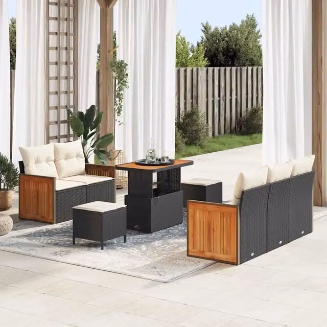 Set Divano da Giardino 10 pz 7-Numero di posti Nero e Crema 3365200