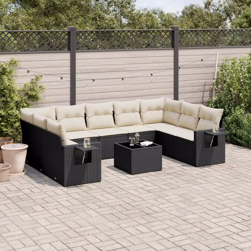 Set di Divani da Giardino a Forma di L vidaXL con Cuscini e Tavolino, Polyrattan Nero e Struttura in Acciaio Verniciato a Polvere – 1