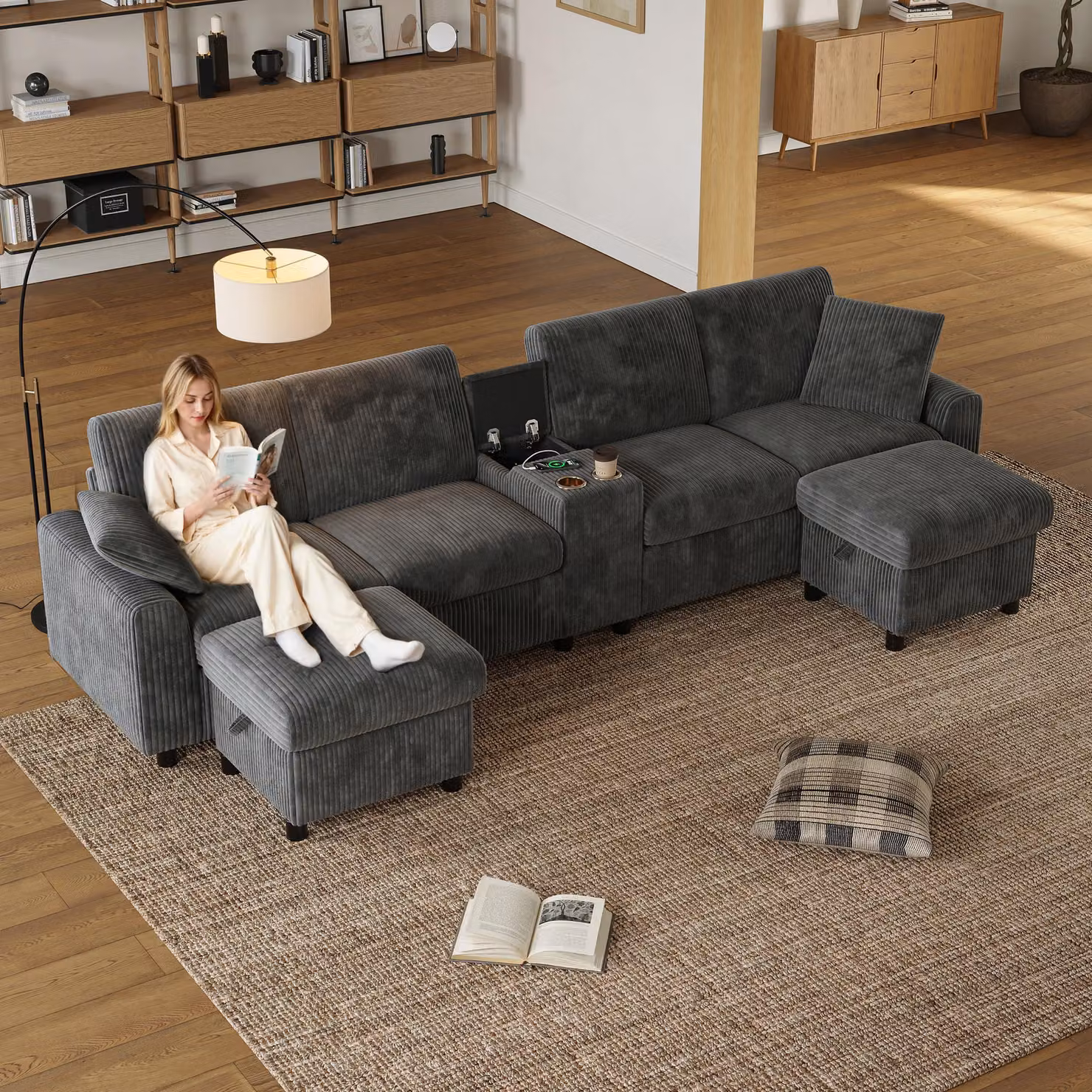 Merax Divano angolare a U con 2 sgabelli, USB, Type-C, tavolino e portabicchieri, 2 cuscini, divano a 4 posti con base letto, divano, tessuto in corda, grigio