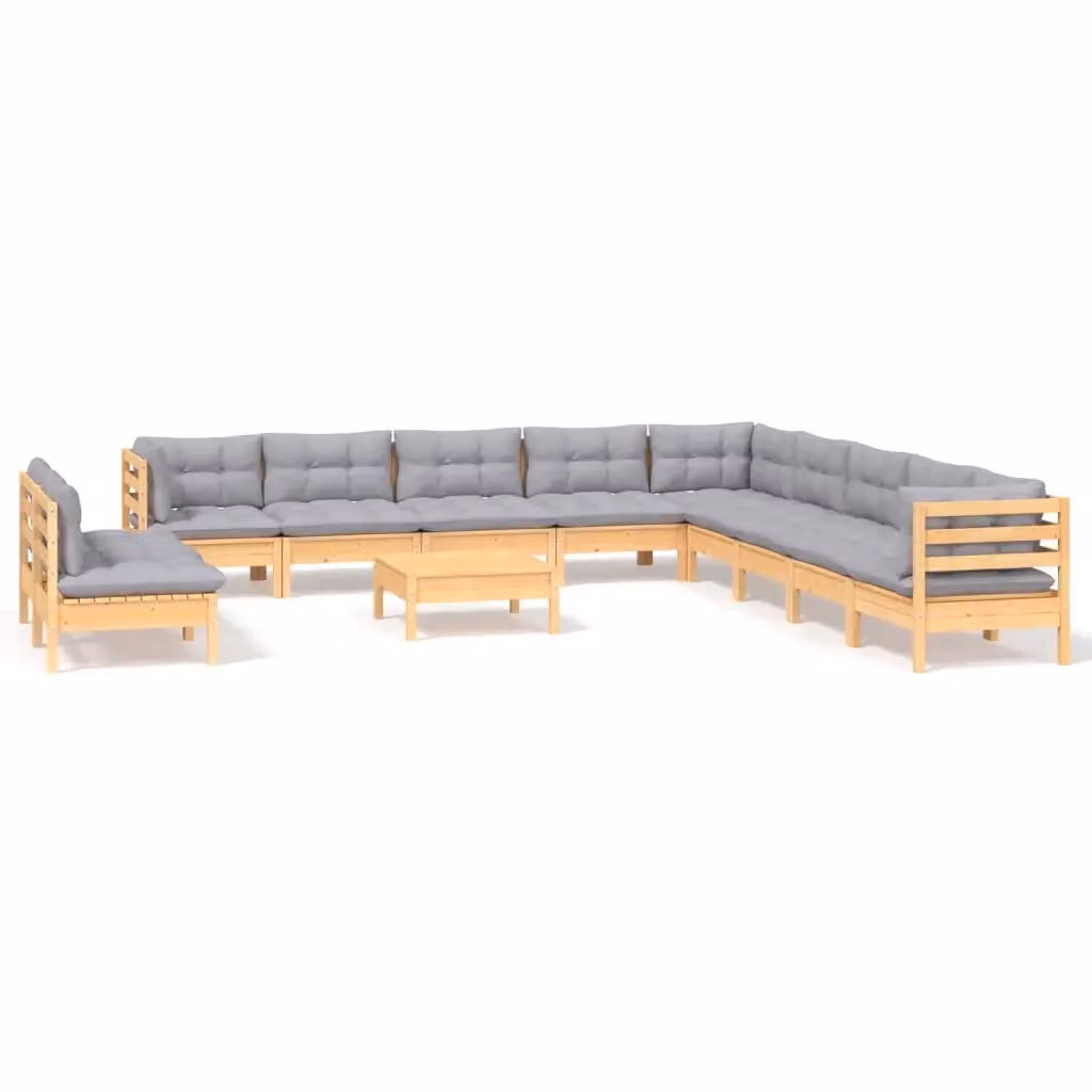 Set di Divani da Giardino vidaXL a Forma di L in Legno di Pino Massello con Cuscini Grigi, 12 Pezzi – 2