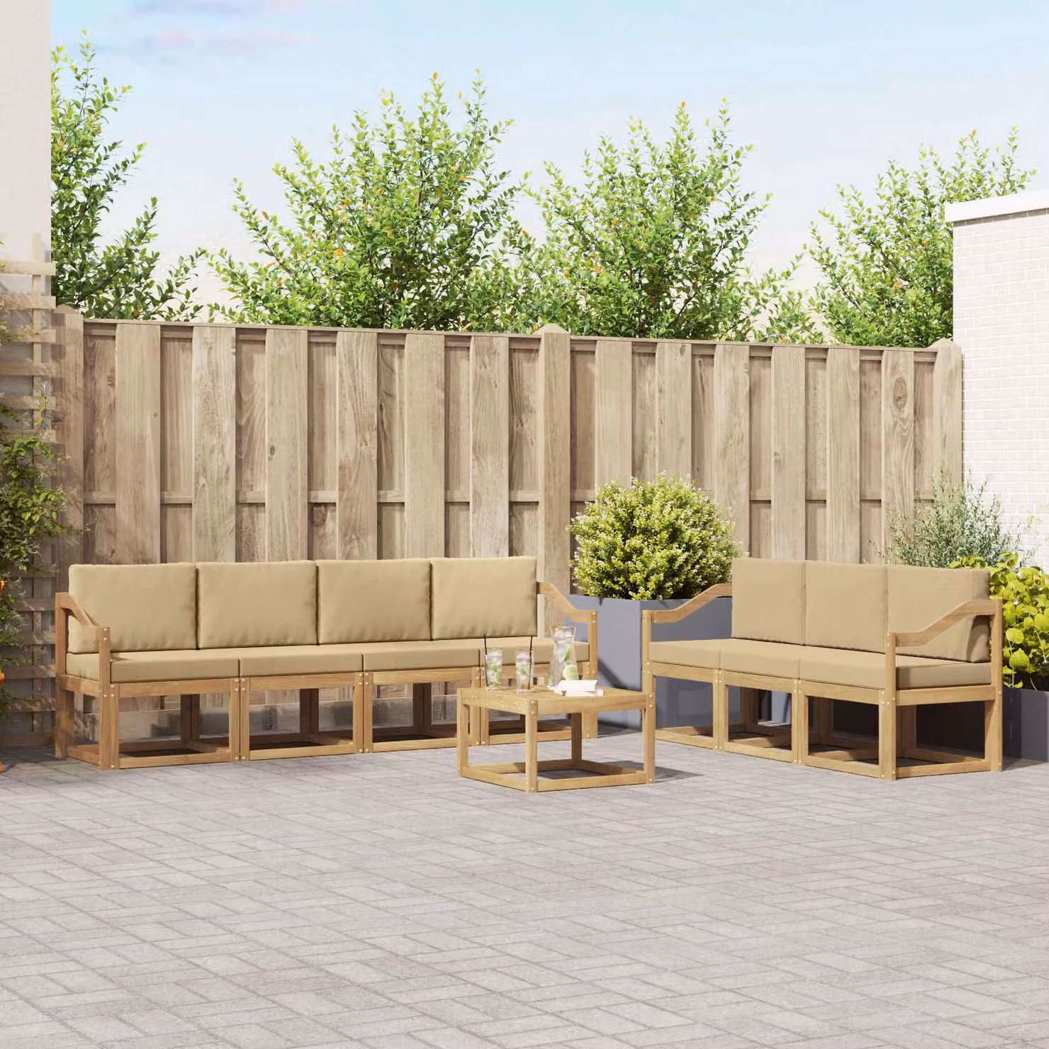 Set di divani da esterno vidaXL 7 pz in legno di acacia beige con cuscini inclusi design moderno a L
