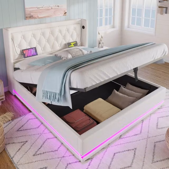 Letto matrimoniale contenitore 160 × 200 cm in PU bianco con testiera imbottita USB type-c e LED su tre lati