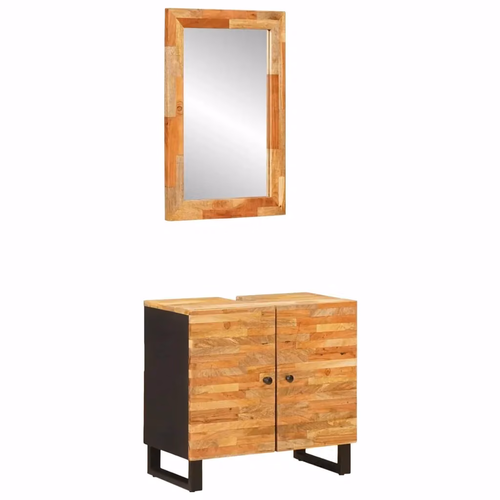Set da bagno moderno in legno di mango massello marrone composto da mobile lavabo e armadietto specchio con ante a battente e ripiani interni L/P/H: 68 x 33 x 62 cm – 2