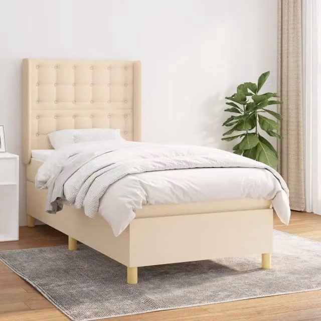 Letto Ibrido vidaXL con Giroletto a Molle e Materasso in Tessuto Beige e Bianco L/P/H: 203 x 103 x 128 cm