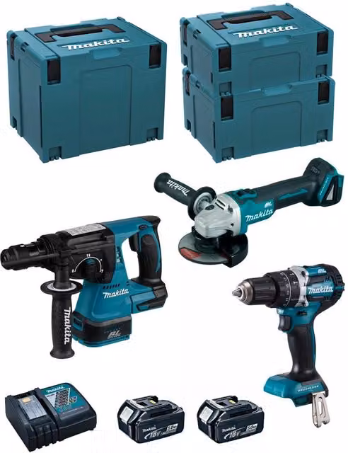 Kit utensili a batteria Makita MK311RTJ con trapano perforatore DHR243, avvitatore DHP484, smerigliatrice DGA504, 2 batterie da 5,0 Ah, caricabatterie DC18RC e 3 contenitori MAKPAC