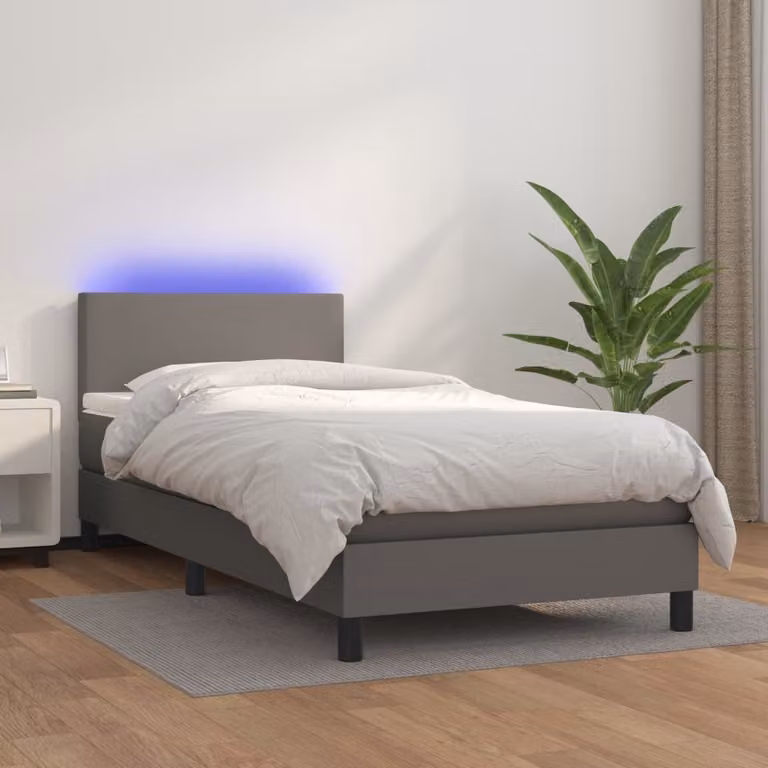 The Living Store Letto a molle con materasso e LED grigio 90x200 cm in ecopelle
