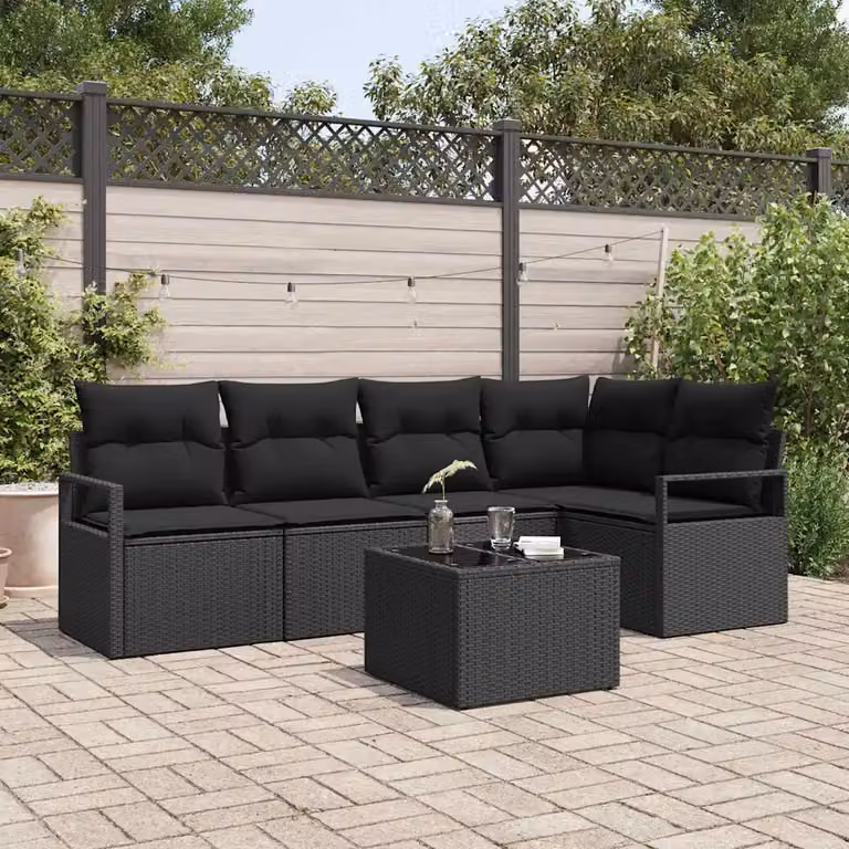 Set Divano da Giardino Moderno vidaXL a Forma di L con Cuscini e Tavolino Nero in Polyrattan e Metallo