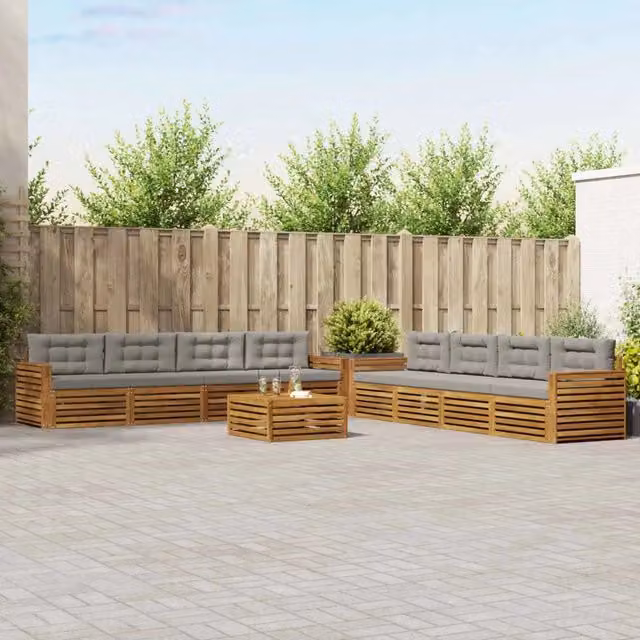 Set di divani da esterno a forma di U vidaXL composto da 9 pezzi in legno di acacia con cuscini beige e grigi e tavolino da caffè per giardino e terrazza