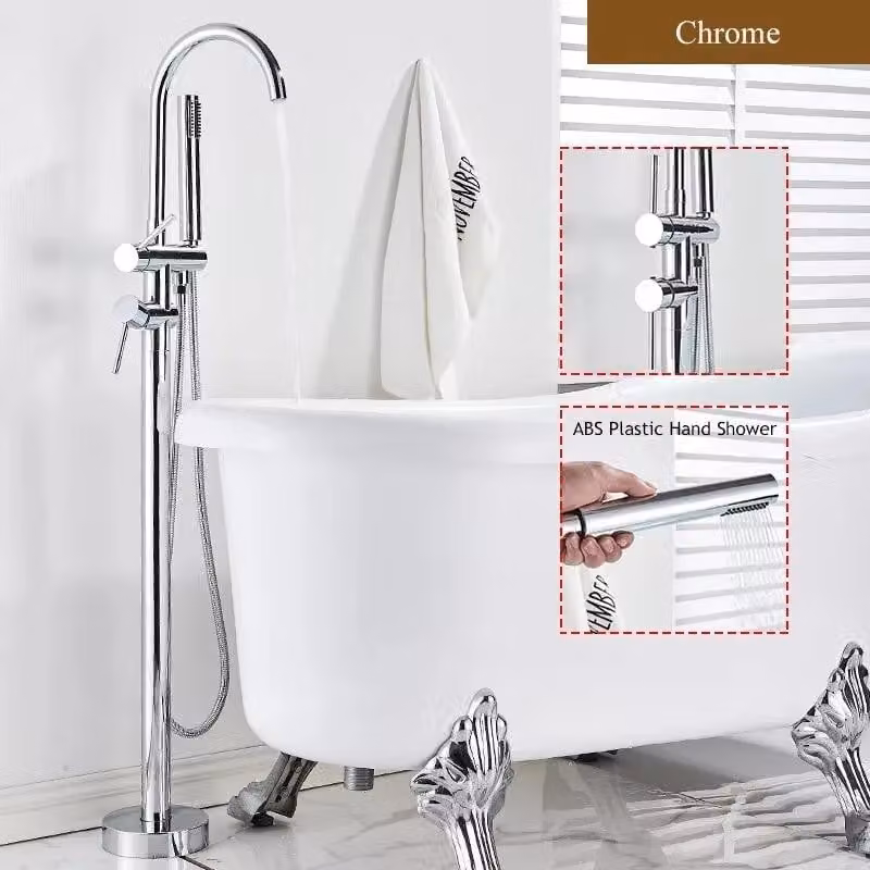 Miscelatore per vasca da bagno freestanding - Miscelatore per vasca e doccia a pavimento - Bocchetta a cascata, girevole a 360° - Miscelatore a due manopole in ottone/acciaio inossidabile - Cromato
