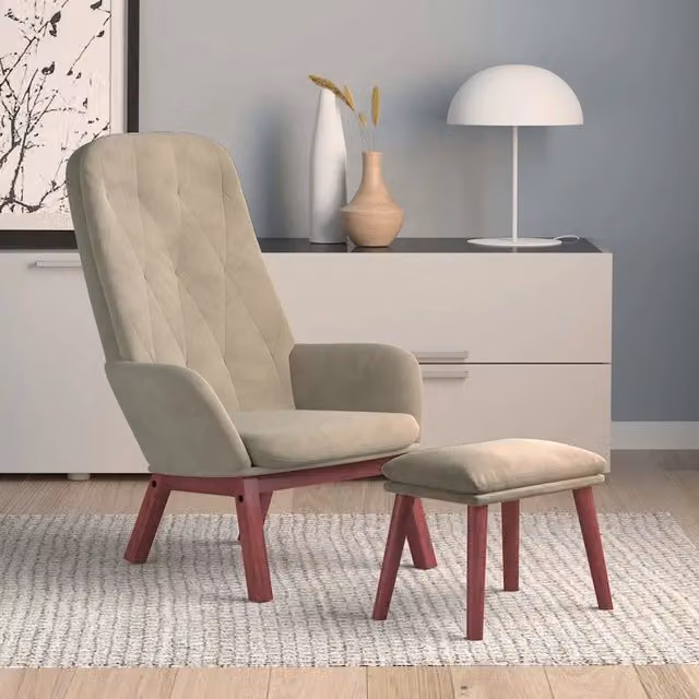 Poltrona Relax con Poggiapiedi in Velluto Grigio con Struttura in Metallo e Legno