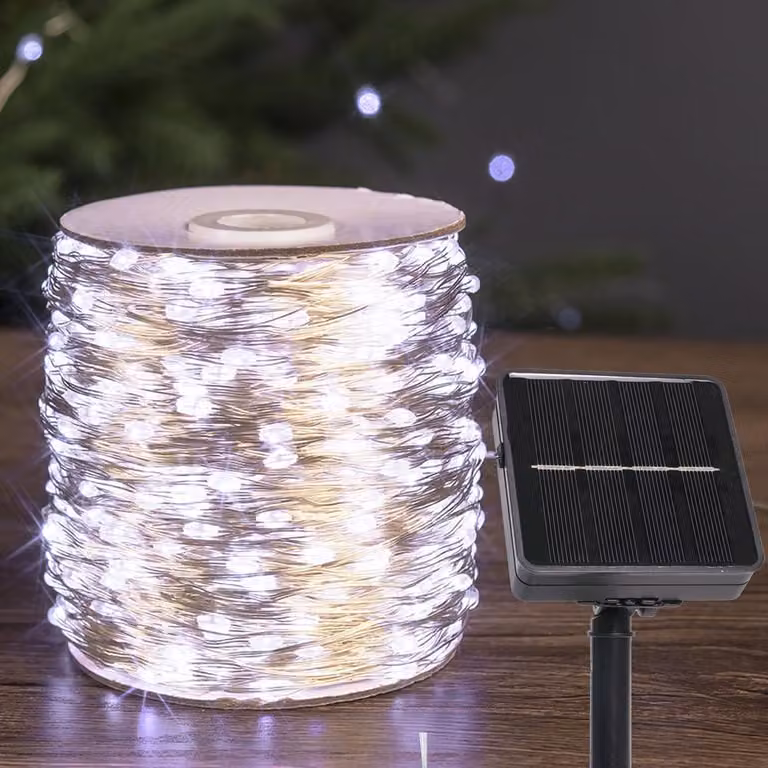 Catena luminosa solare, 12 metri, 240 LED, luce bianca fredda, 8 modalità