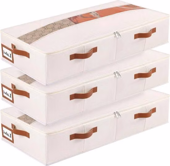 Compartimento di sottoletto con cassetto di stoccaggio per sottoletto - Scatola di stoccaggio pieghevole - Coperchio trasparente - Maniglie - Organizzatore di coperte - 60 x 30 x 15 cm - Beige