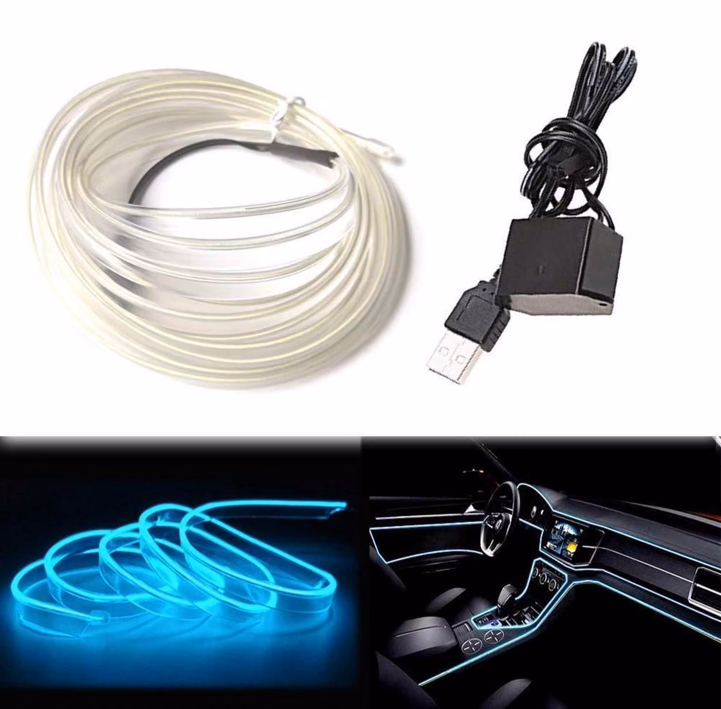 EL-Wire Eisblau 3M: Tubo al neon flessibile a LED, alimentazione a corrente continua 5V, ideale per illuminazione interna e decorazione di automobili