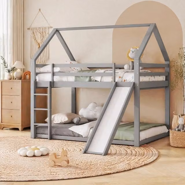 Letto a Castello a Forma di Casa per Bambini con Scivolo e Scala, Grigio, 140x200 cm