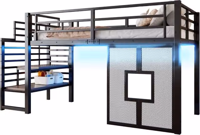 Letto a soppalco 90x200 cm in metallo e MDF, con scala contenitore, illuminazione LED e finestre, nero