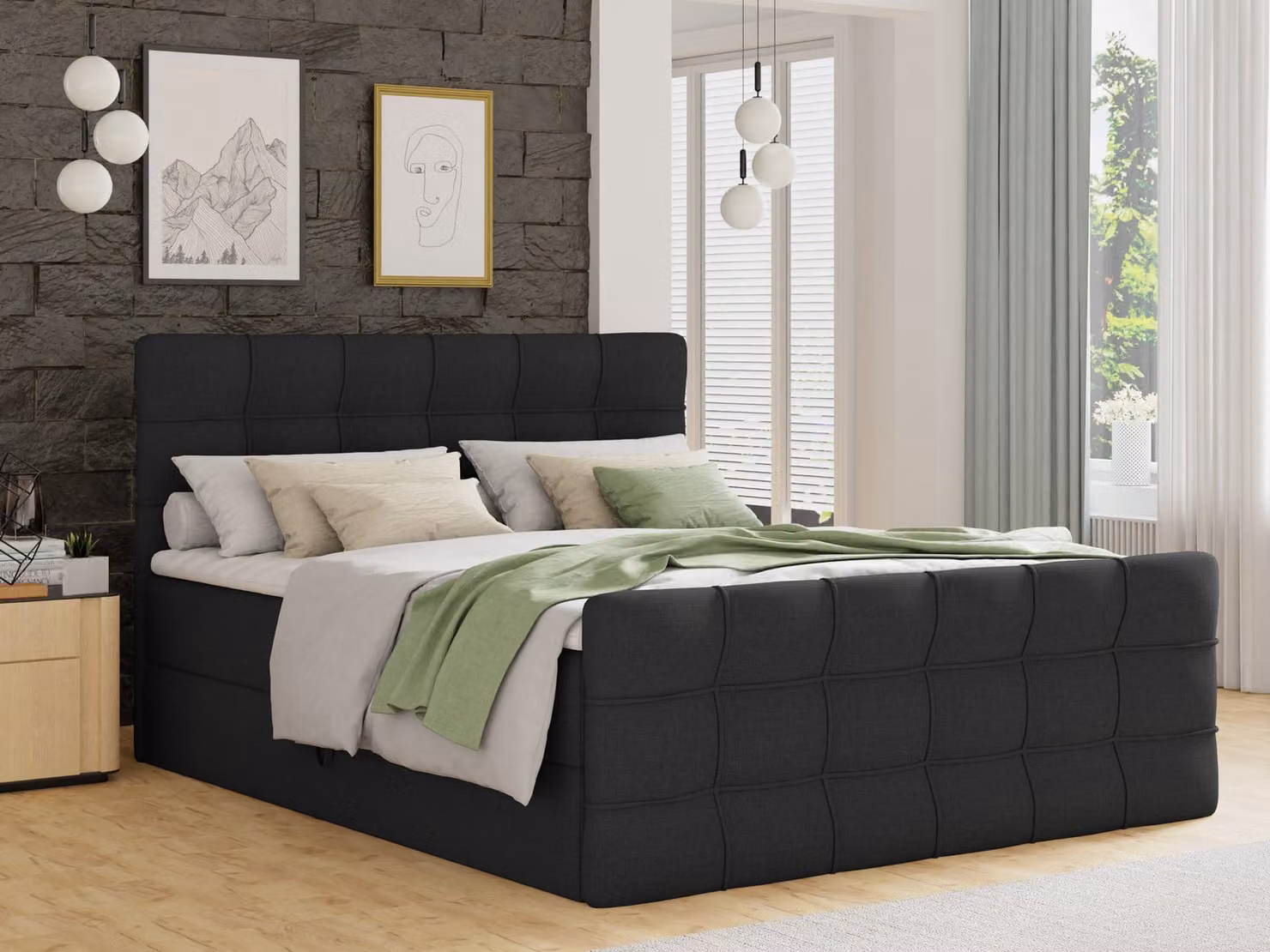 Letto boxspring Best Lux con pediera, 2 contenitori, materasso Bonell e topper (nero (Inari 100), 180 x 200 cm)
