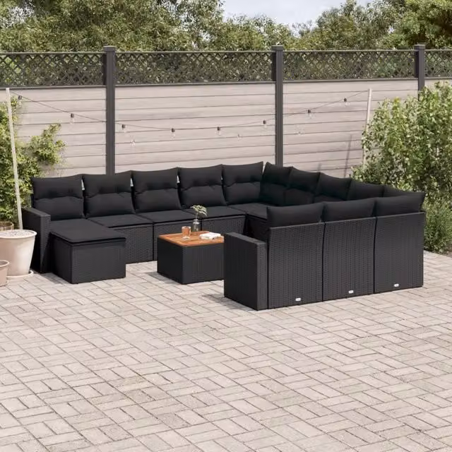 Set di Divani da Giardino vidaXL in Polyrattan Nero con Cuscini e Tavolino da Esterno