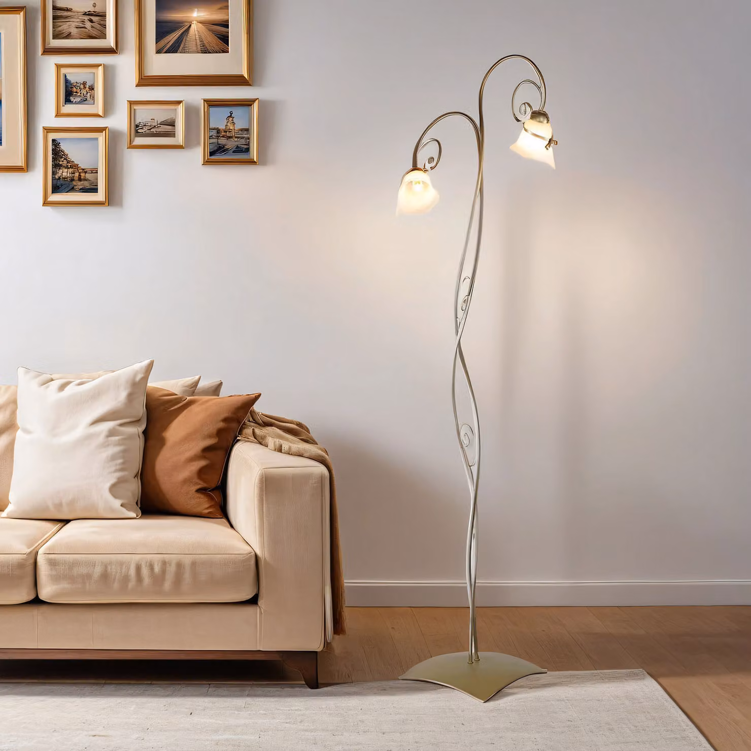Lampada da terra 169 cm E14 bianco oro vetro metallo floreale da salotto