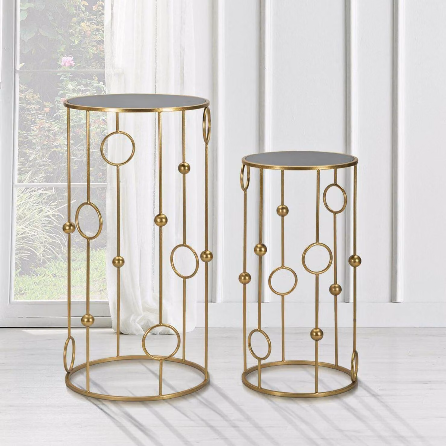 Dmora Tavolino da Salotto Leonid 50x50x100h cm oro, Forma Rotonda Materiale Piano in Vetro