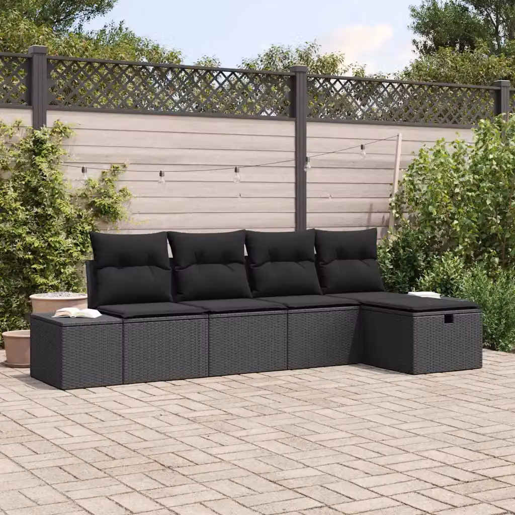 Set Divano da Giardino a L vidaXL in Polyrattan Nero con Cuscini e Ottoman – 1