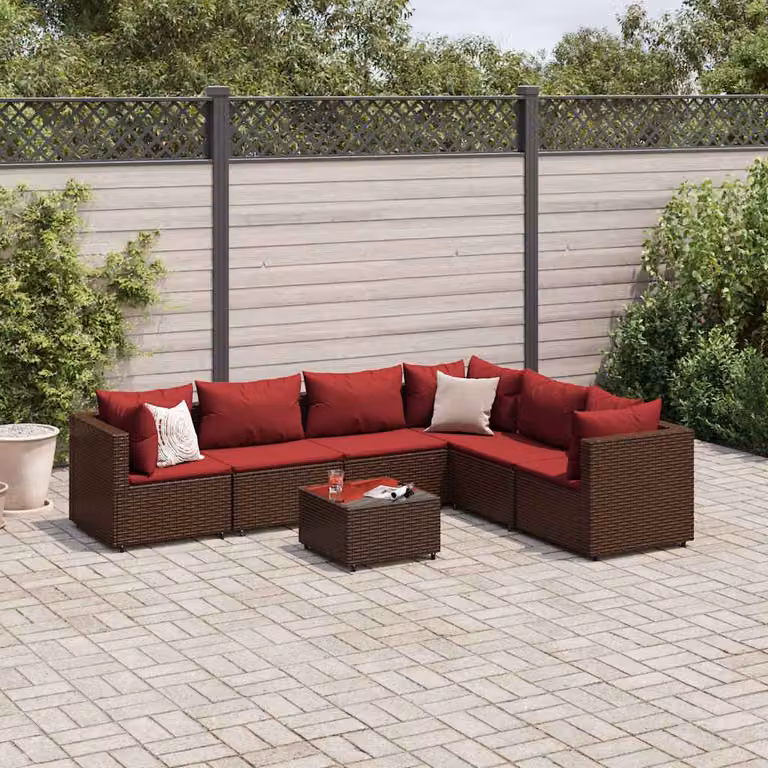 vidaXL Set Divani da Giardino 7 pz a Forma a L con Tavolino e Cuscini Marrone e Rosso