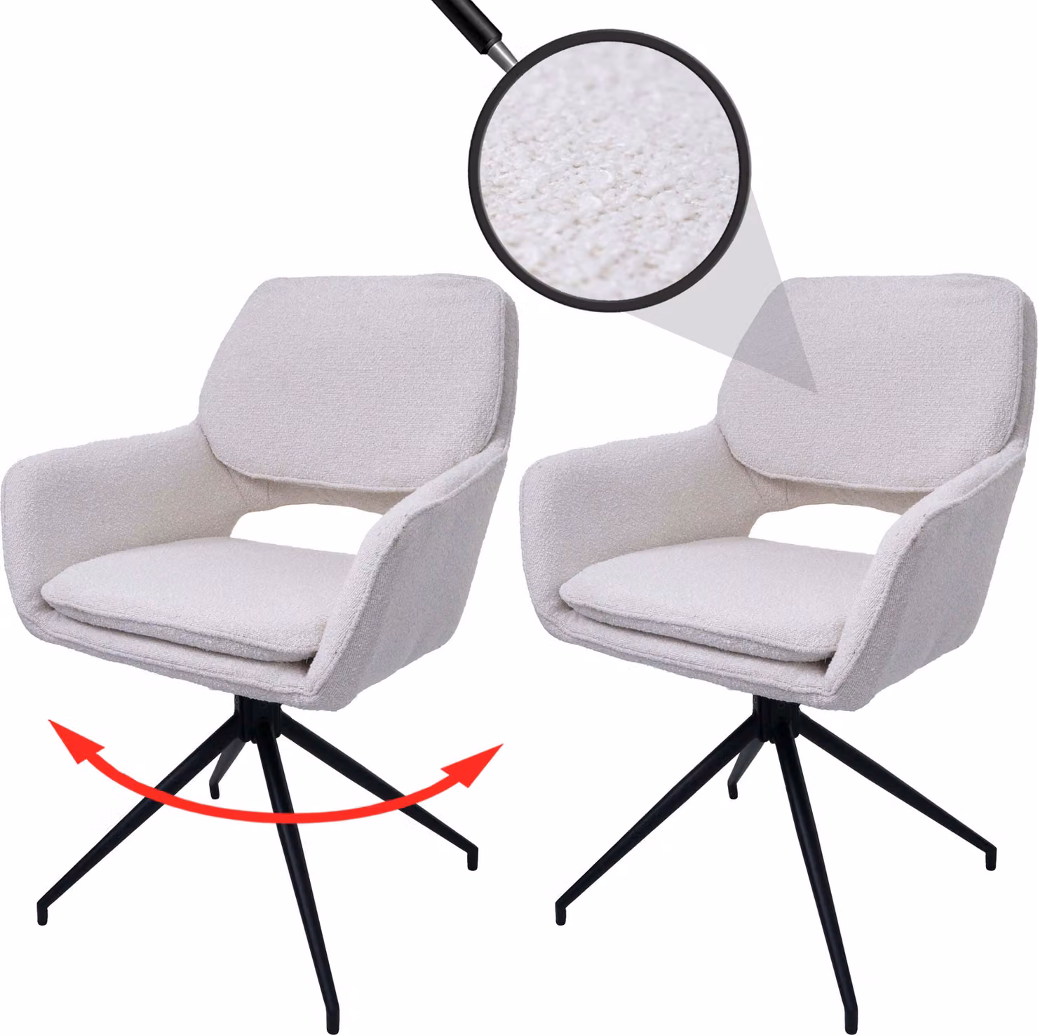 Set di 2 sedie da pranzo HWC-N74, sedie da cucina, girevoli con sistema di ritorno automatico, rivestite in tessuto bouclé (540g/m²), colore crema