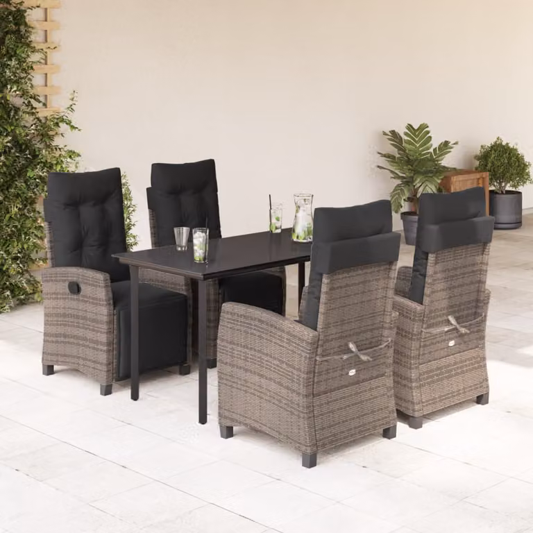 Set da Pranzo da Giardino vidaXL in Polyrattan Grigio e Nero con Tavolo in Vetro e 5 Sedute con Cuscini