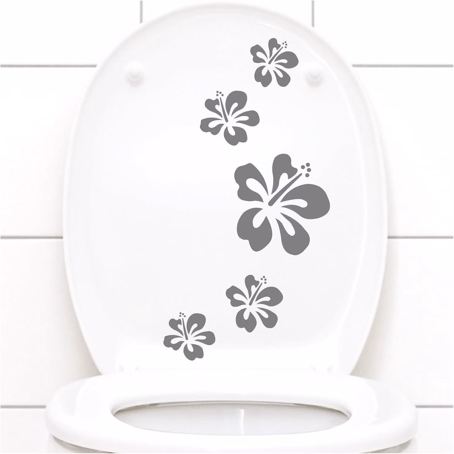 Adesivi per copriwater a forma di fiori di ibisco, set da 5 pezzi, color grigio medio, autoadesivi, per bagno