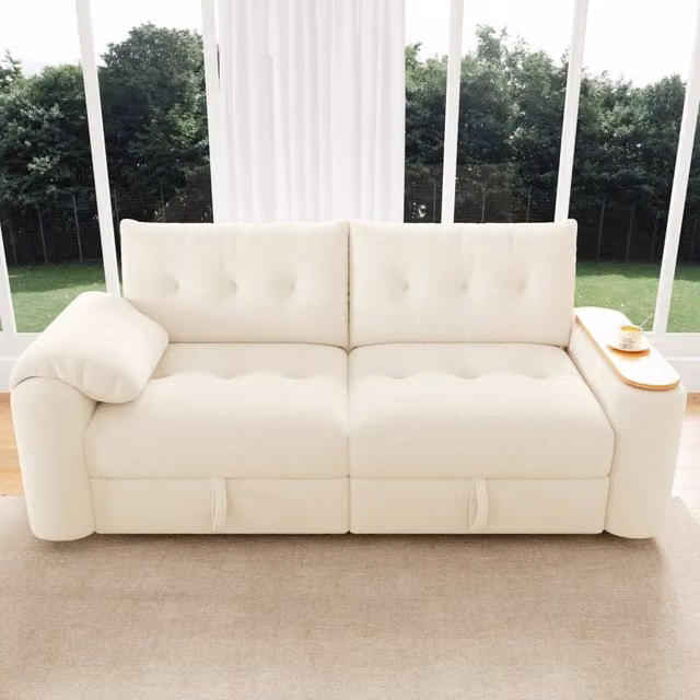 Divano modulare in teddy beige con contenitore; poggiatesta e tavolino girevole; 207;5 x 80 x 87 cm