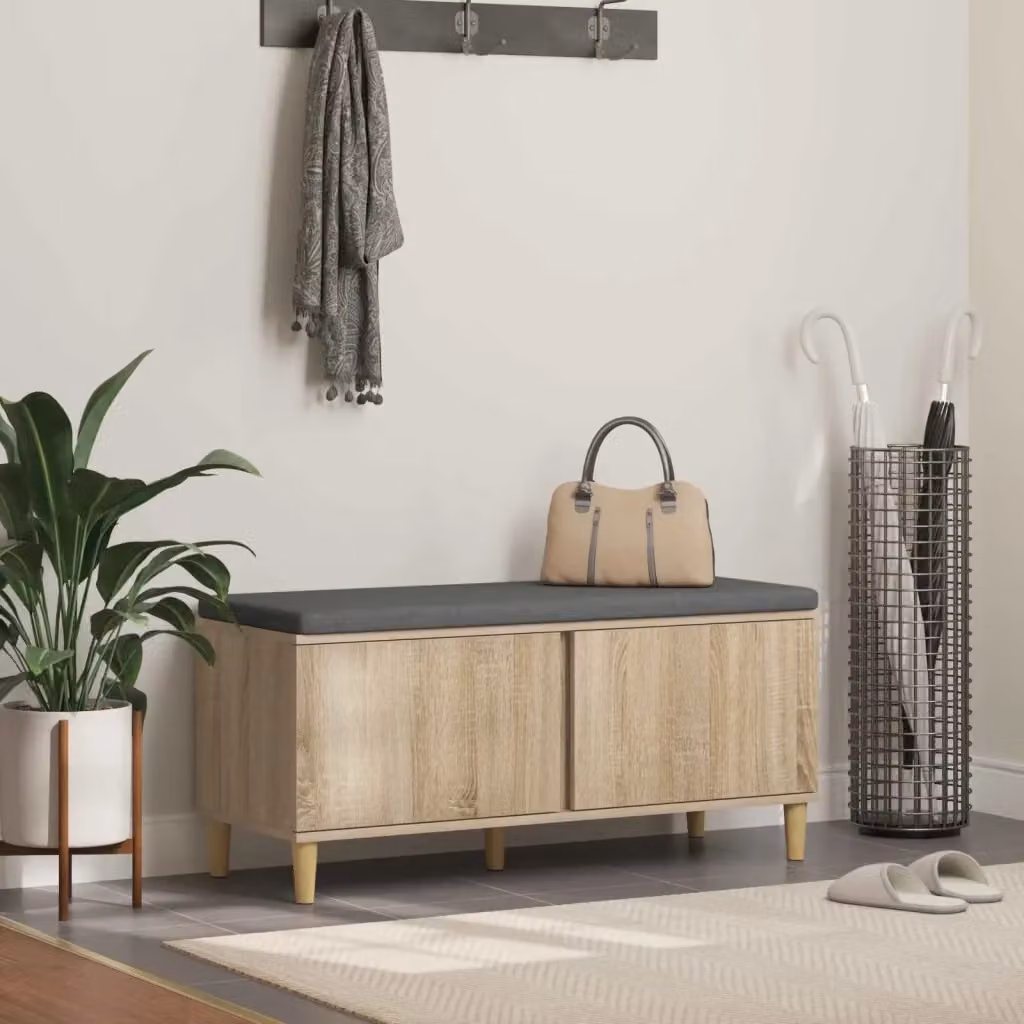 Panca per ingresso con scarpiera e cuscino in tessuto Rovere Sonoma, L 100 x P 38 x H 46 cm – 2