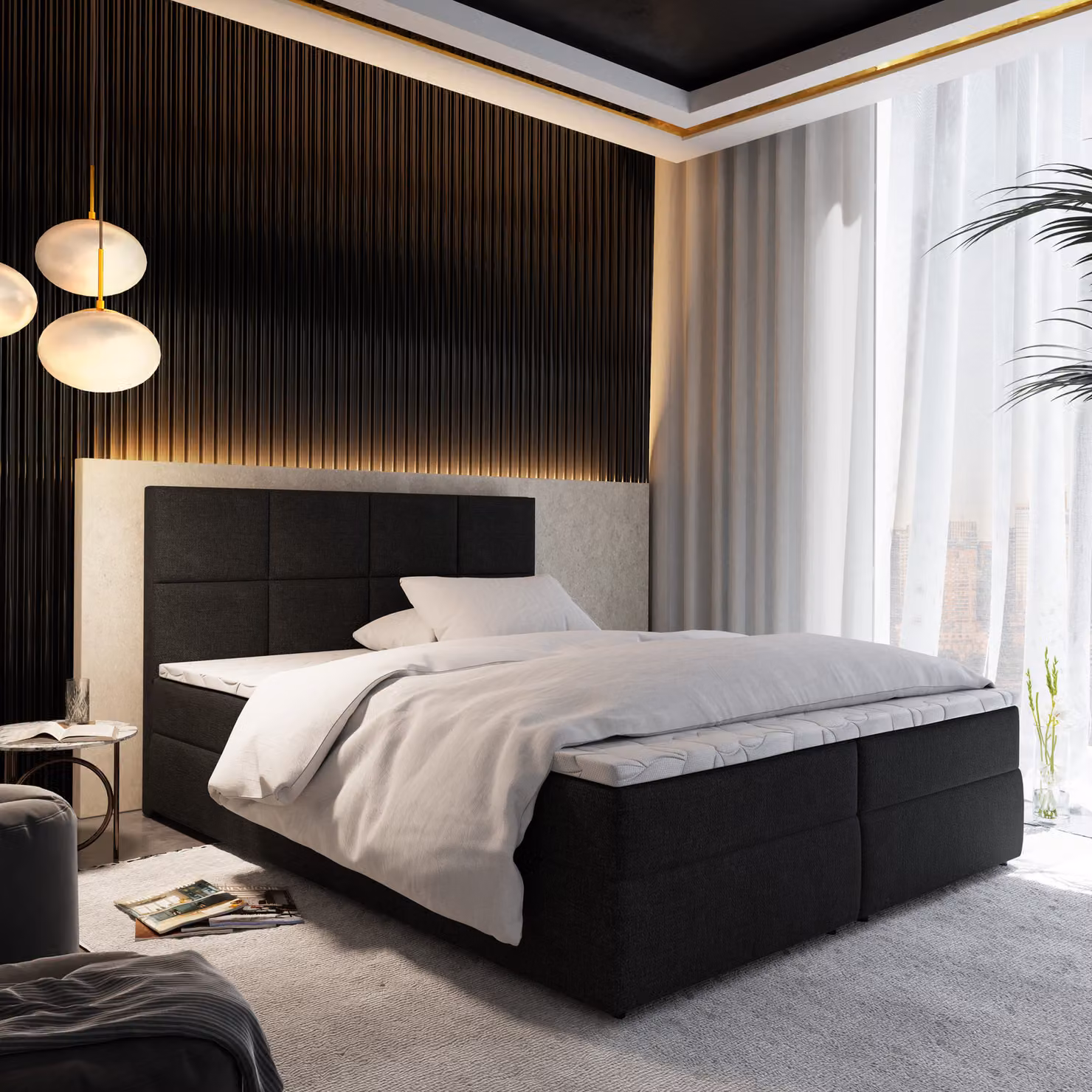 Letto a molle Masseno LENA 140x200 cm completo di materasso e topper Bonell, letto imbottito con cassettiera - nero, COSMIC 100