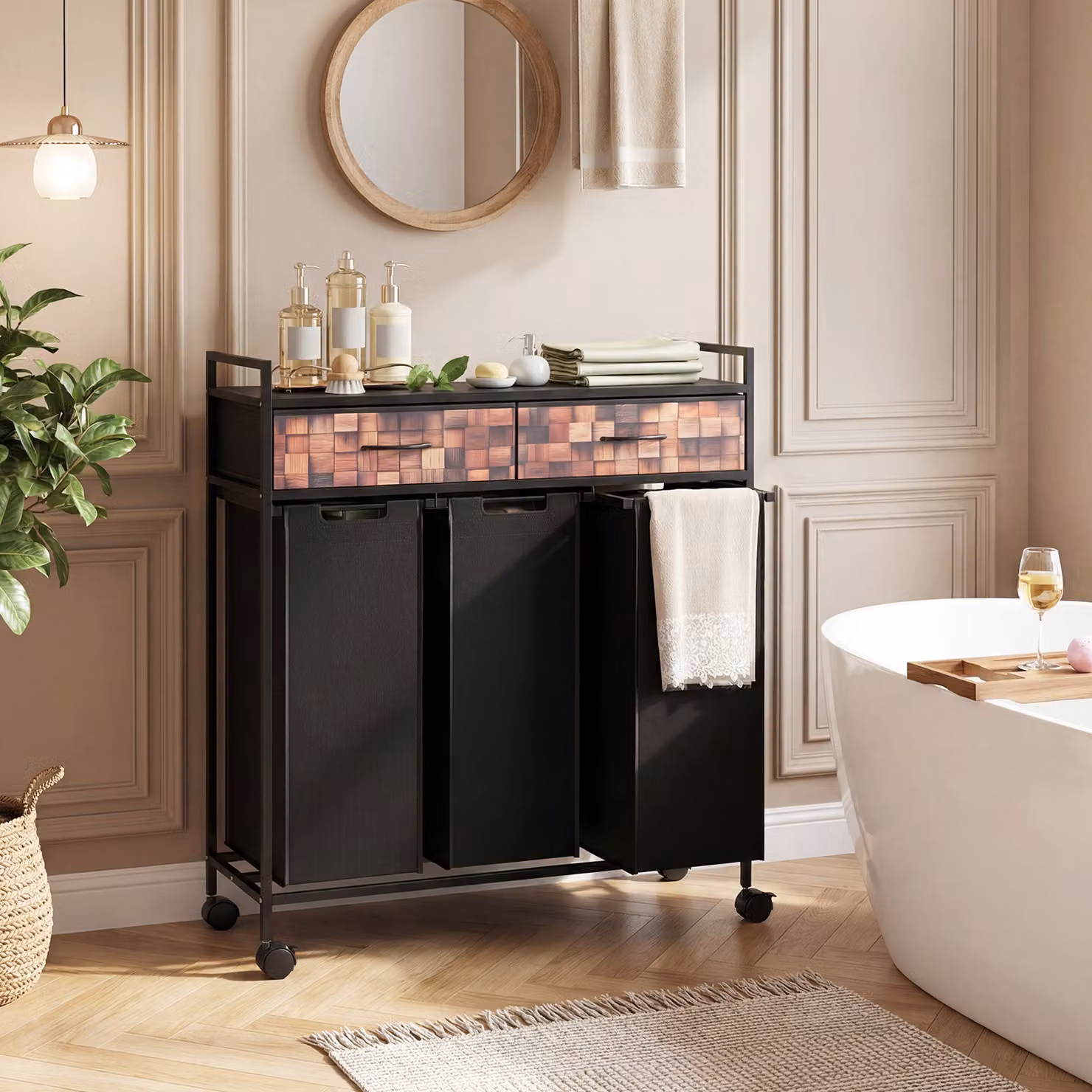 Carrello per lavanderia Costway a 3 sezioni con 2 cassetti in tessuto Oxford da 135 l, Nero
