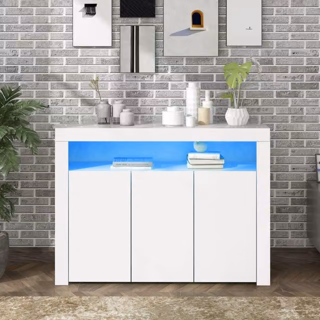 Credenza Vetrina con LED ¨C Xylo ¨C Bianco Lucido, 3 Ante, Legno, Soggiorno