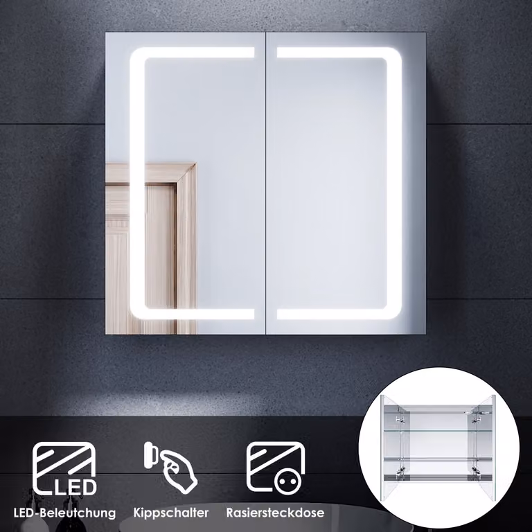 SONNI armadietti a specchio in acciaio inox 70x65x13cm con interruttore a levetta LED con presa per rasoio